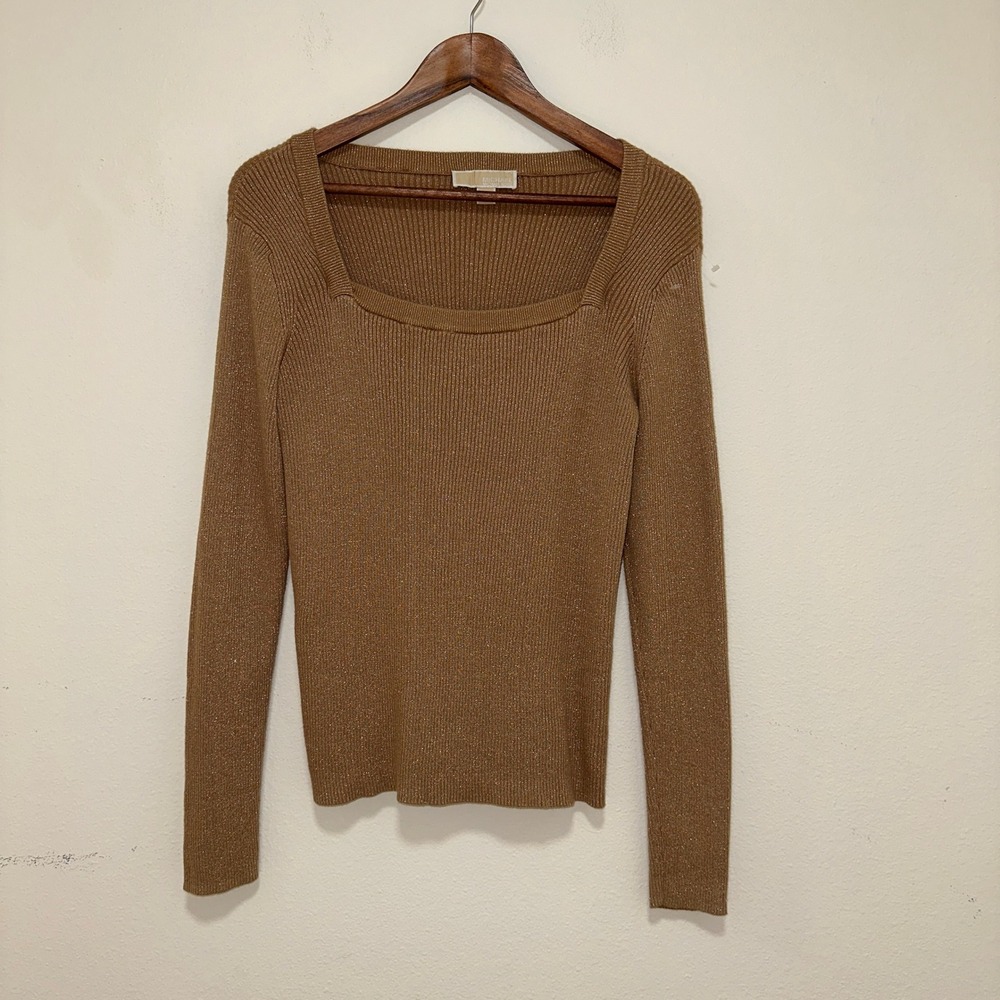 Michael Kors Ribbed Sweater Top Womens Medium Gold Metallic Square‎ Neck